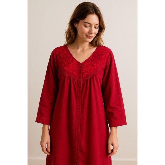 Vermont Country Store Womens Nightgown Sz 2X Red Embroidered Pockets Robe Cotton - Picture 1 of 9